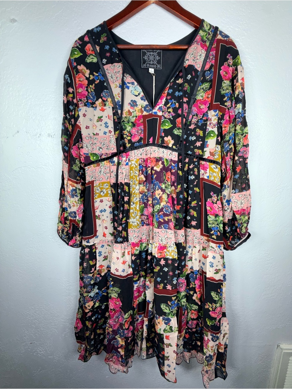 Johnny Was Jade Cruces Floral Patchwork Midi Dress Multicolor Boho V-Neck